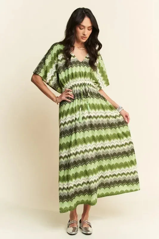 Davi & Dani Multi Color Wavy Tie Waist Flowy Sleeve Dress - DAVERRI FASHIONS