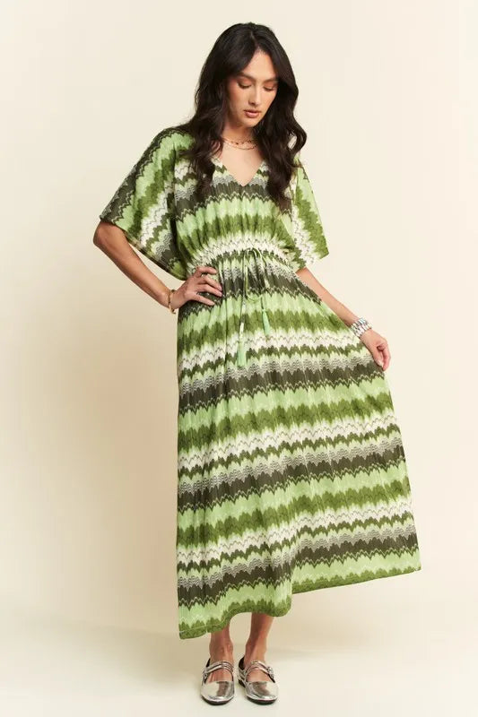 Davi & Dani Multi Color Wavy Tie Waist Flowy Sleeve Dress