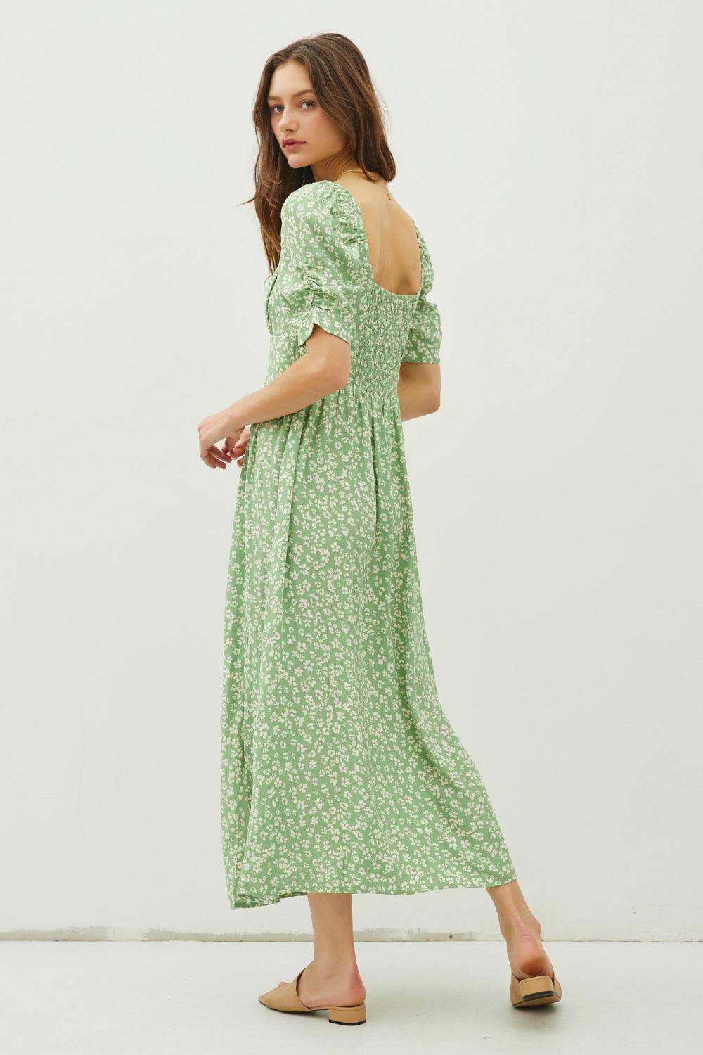 Be Cool Floral Smocked Back Slit Dress Midi Dresses