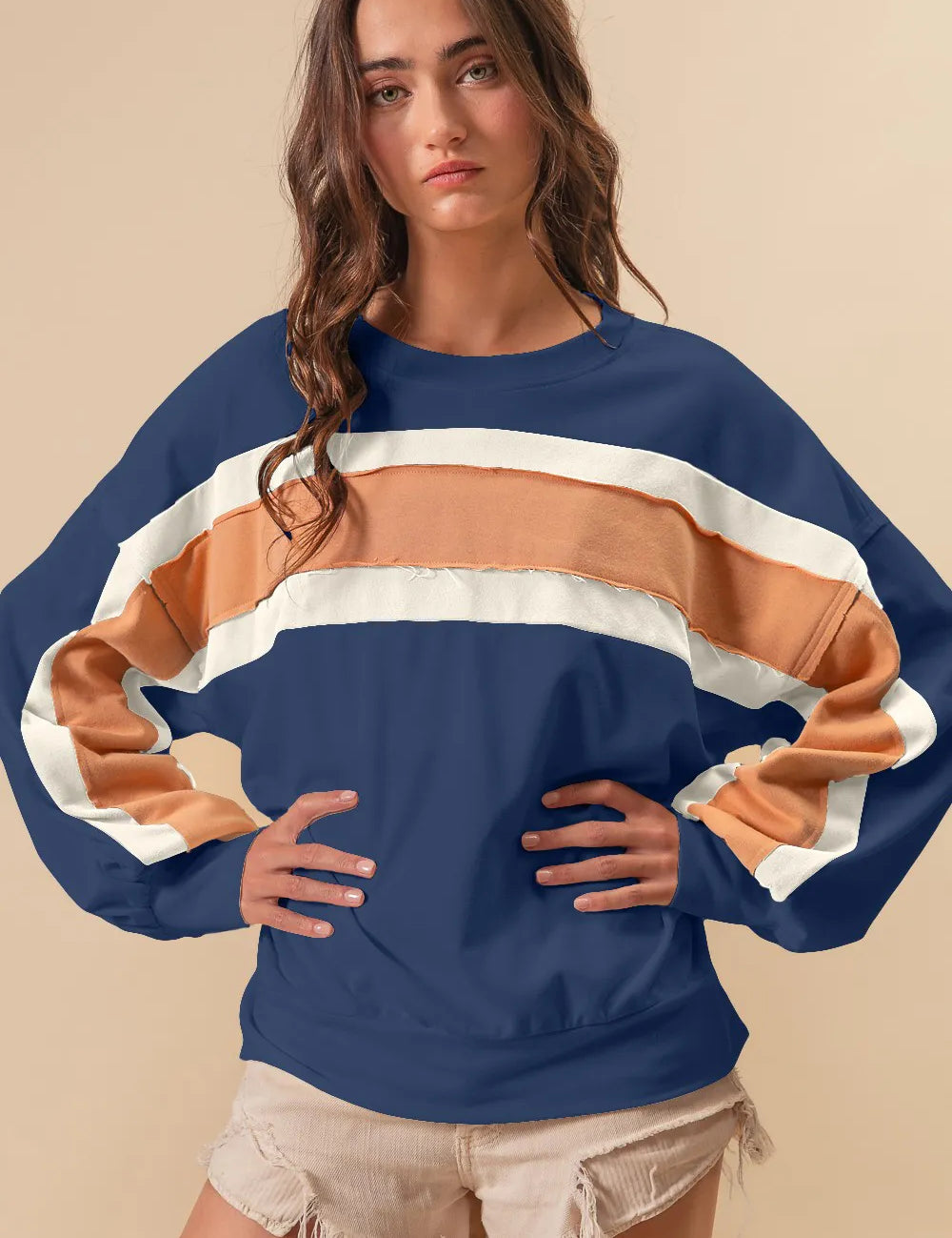 Indigo Mustard Ivory BiBi French Terry Color Block Cut Edge Detail Sweatshirt | Daverri Fashions