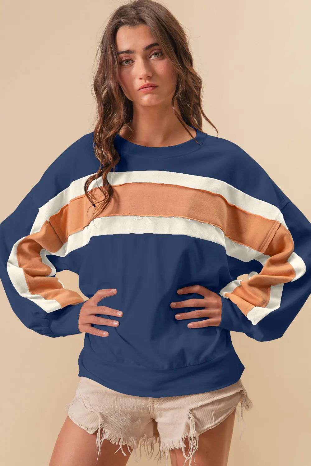 BiBi French Terry Color Block Cut Edge Detail Sweatshirt Indigo Mustard Ivory