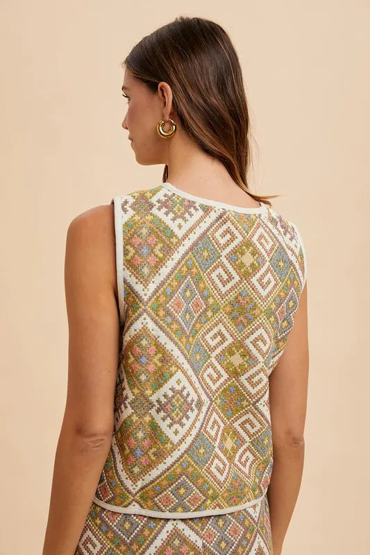 Annie Wear Ethnic Woven Jacquard Tie Front Vest | Vests Daverri Fashions