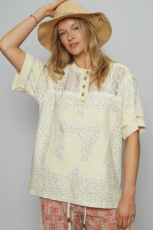 POL Number Floral Crochet Button Detail Half Sleeve Top Cream