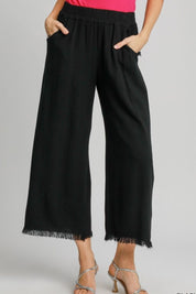 Umgee Full Size Linen Blend Elastic Waistband Wide Leg Pants Plus Size Black Pants