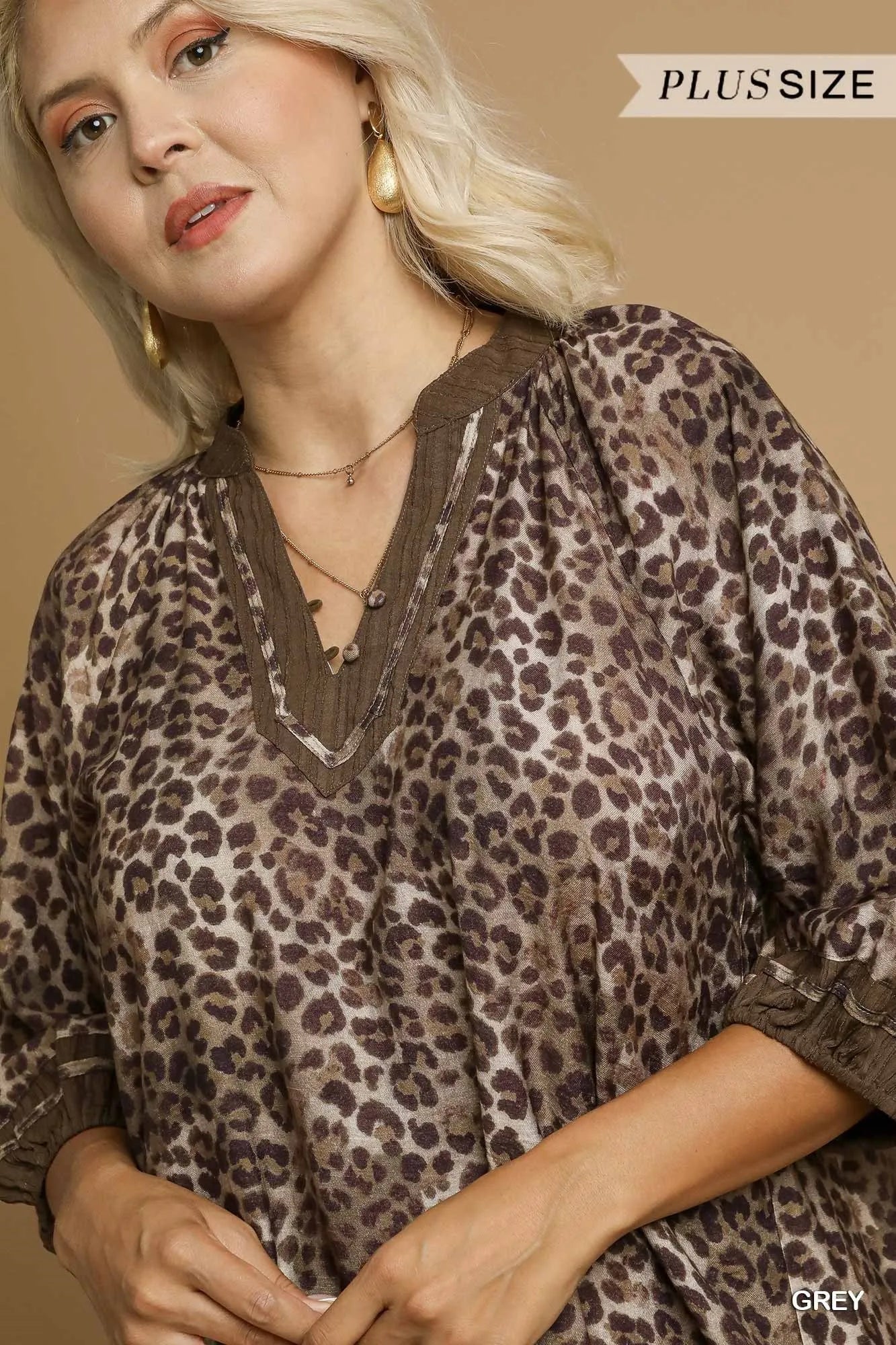 Umgee Full Size Leopard Print Mini Dress with Contrast Trim Plus Size Mini Dresses