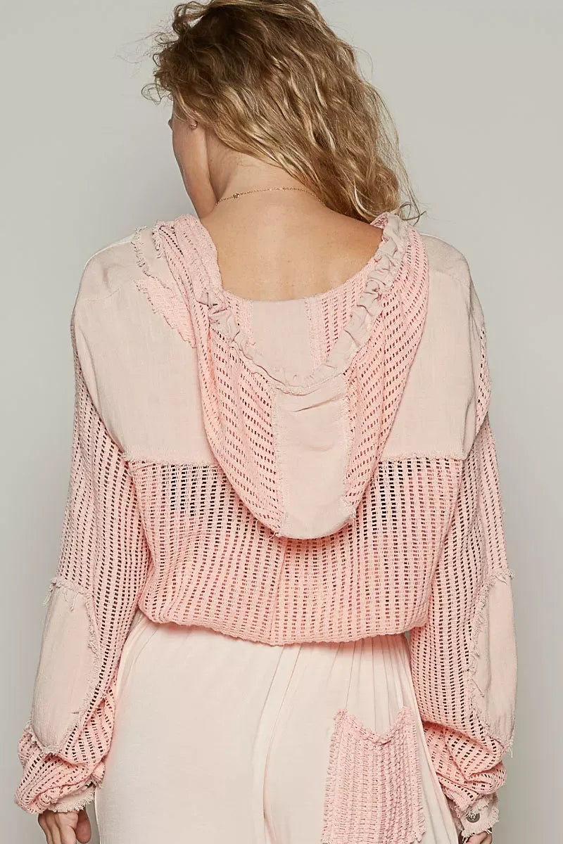 POL Texture Woven Button Down Hooded Shirt with Drawstring Hem - DAVERRI FASHIONS