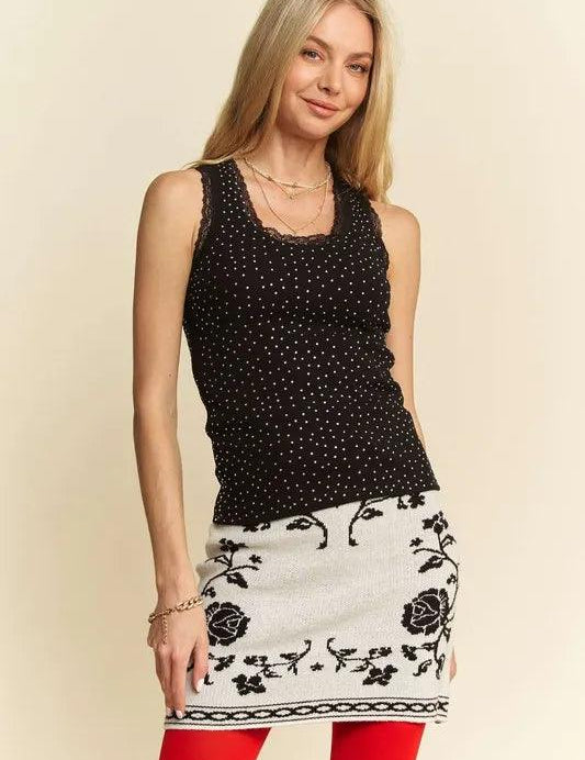 Black Davi & Dani Rhinestone Lace Trim Detail Tank | Tank Tops Daverri Fashions