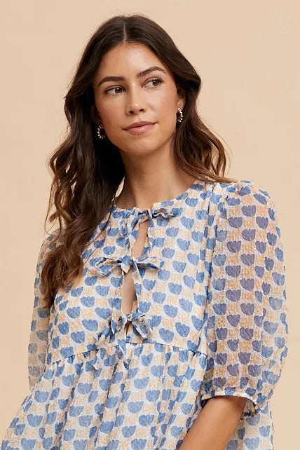Annie Wear Printed Front Tie Closure Babydoll Blouse ROYAL