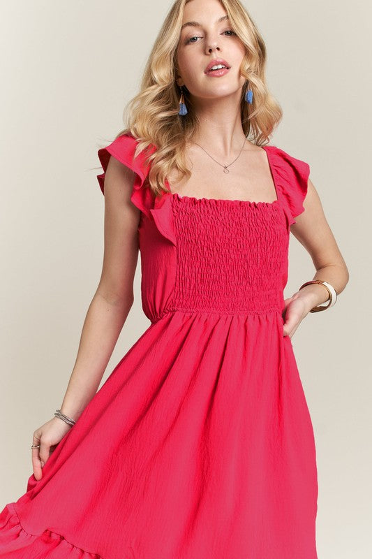 ADORA Smocked Square Neck Ruffled Cap Sleeve Dress Red