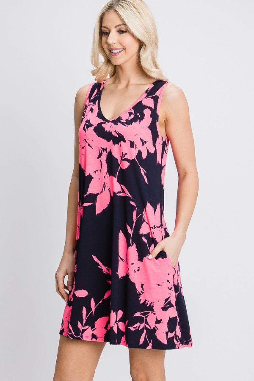 Heimish Full Size Floral V-Neck Tank Dress with Pockets Midi Dresses