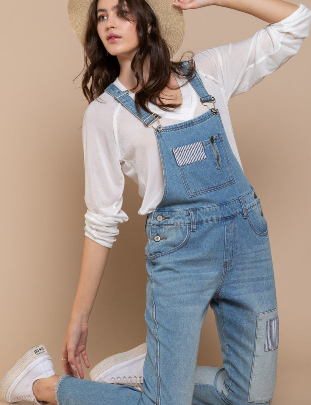 POL Front Chest Zipper Slim Leg Denim Overalls Denim