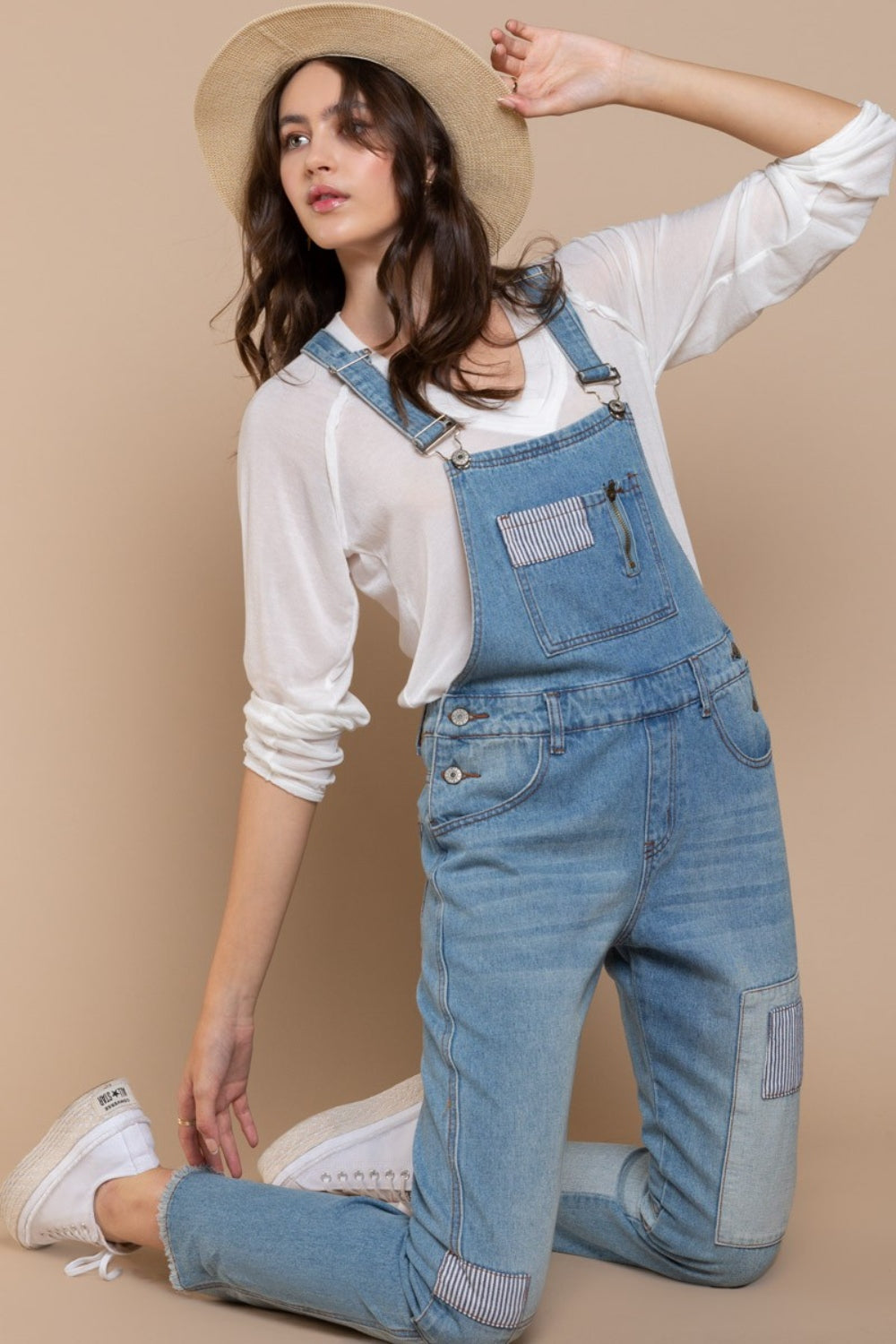 POL Front Chest Zipper Slim Leg Denim Overalls Denim