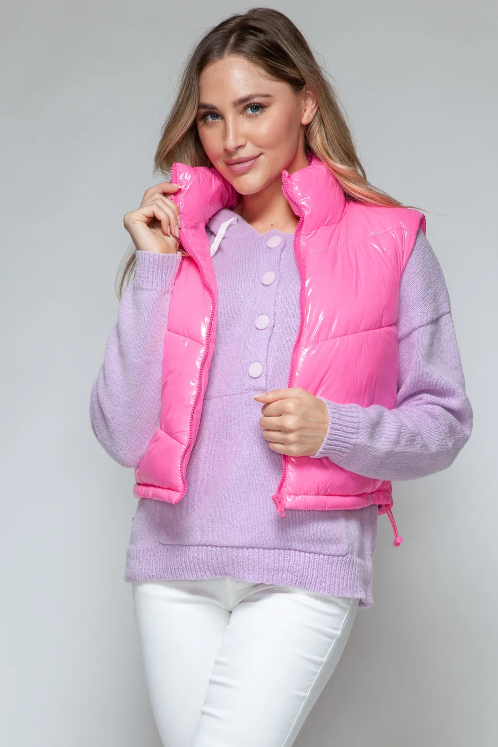 Hot Pink Snobbish Zip Up Turtleneck Shiny Quilted Vest | Vest Jackets Daverri Fashions
