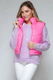 Hot Pink Snobbish Zip Up Turtleneck Shiny Quilted Vest | Vest Jackets Daverri Fashions