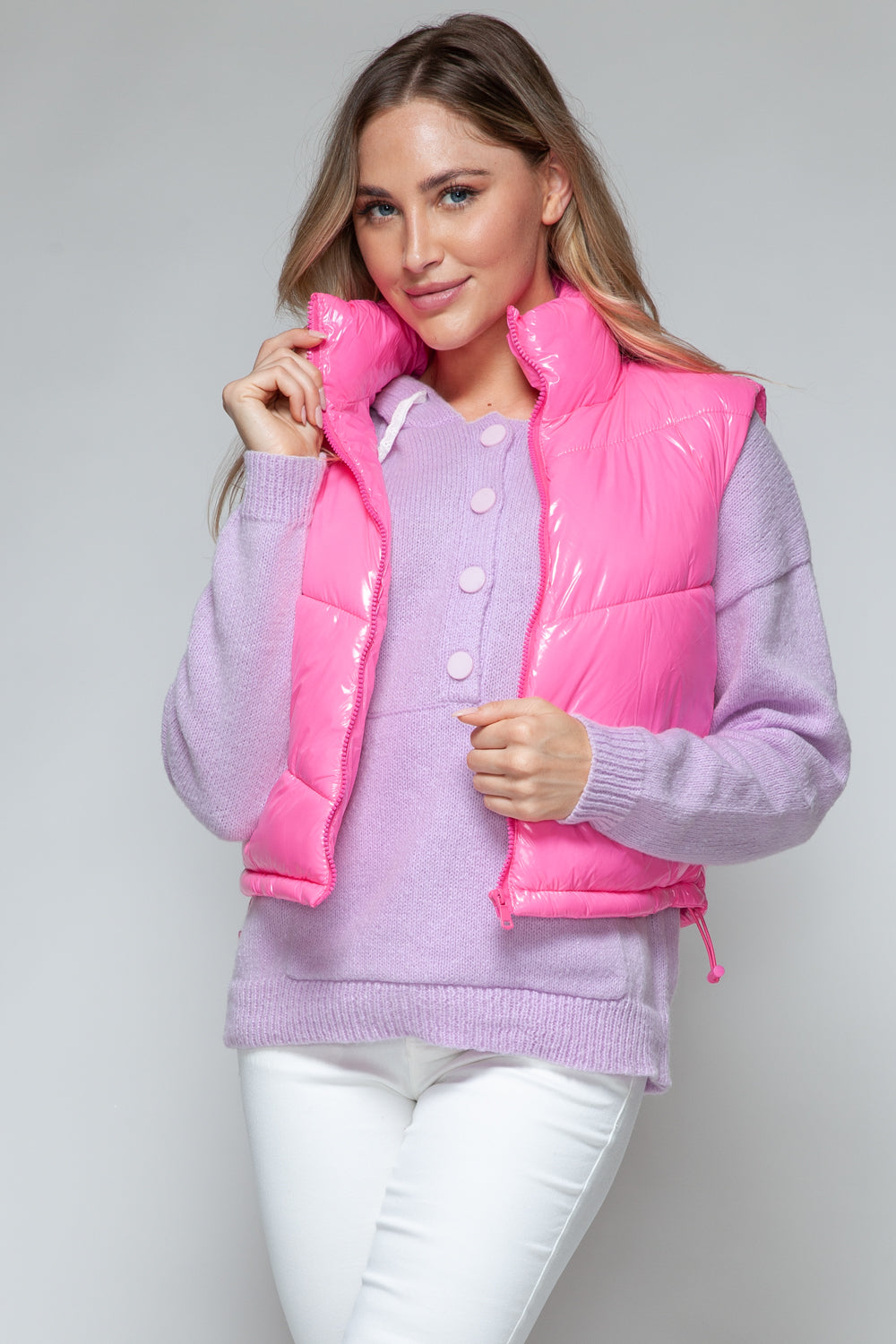 Vibrant pink Snobbish zip-up turtleneck shiny quilted puffer vest