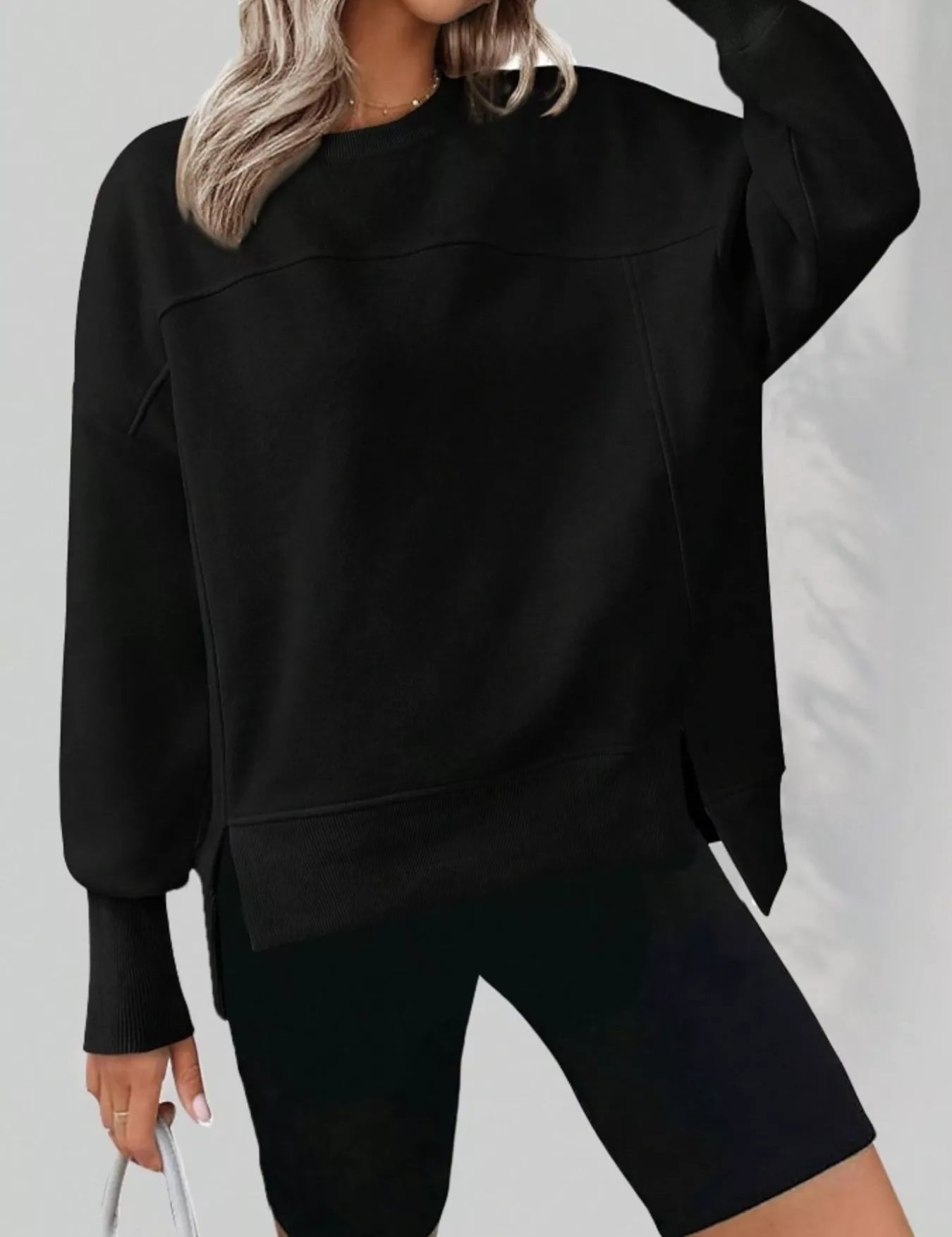 Black Slit Round Neck Dropped Shoulder Sweatshirt | Sweatshirts Daverri Fashions