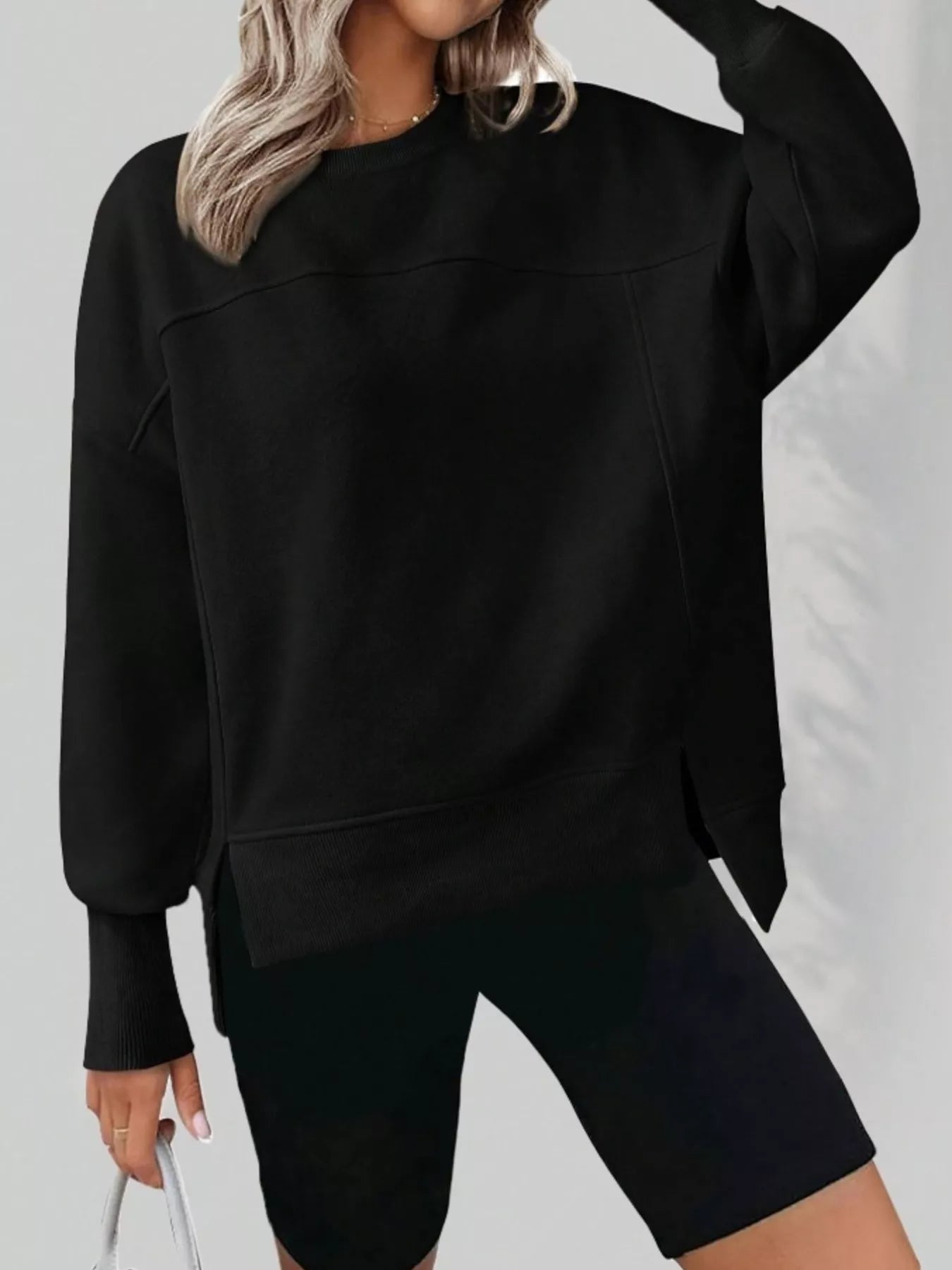 Black Slit Round Neck Dropped Shoulder Sweatshirt | Sweatshirts Daverri Fashions