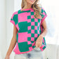 Checkered Drop Shoulder Knit Top Green Pink L Tops