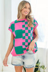Checkered Drop Shoulder Knit Top - DAVERRI FASHIONS