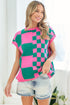 Checkered Drop Shoulder Knit Top Green Pink L Tops