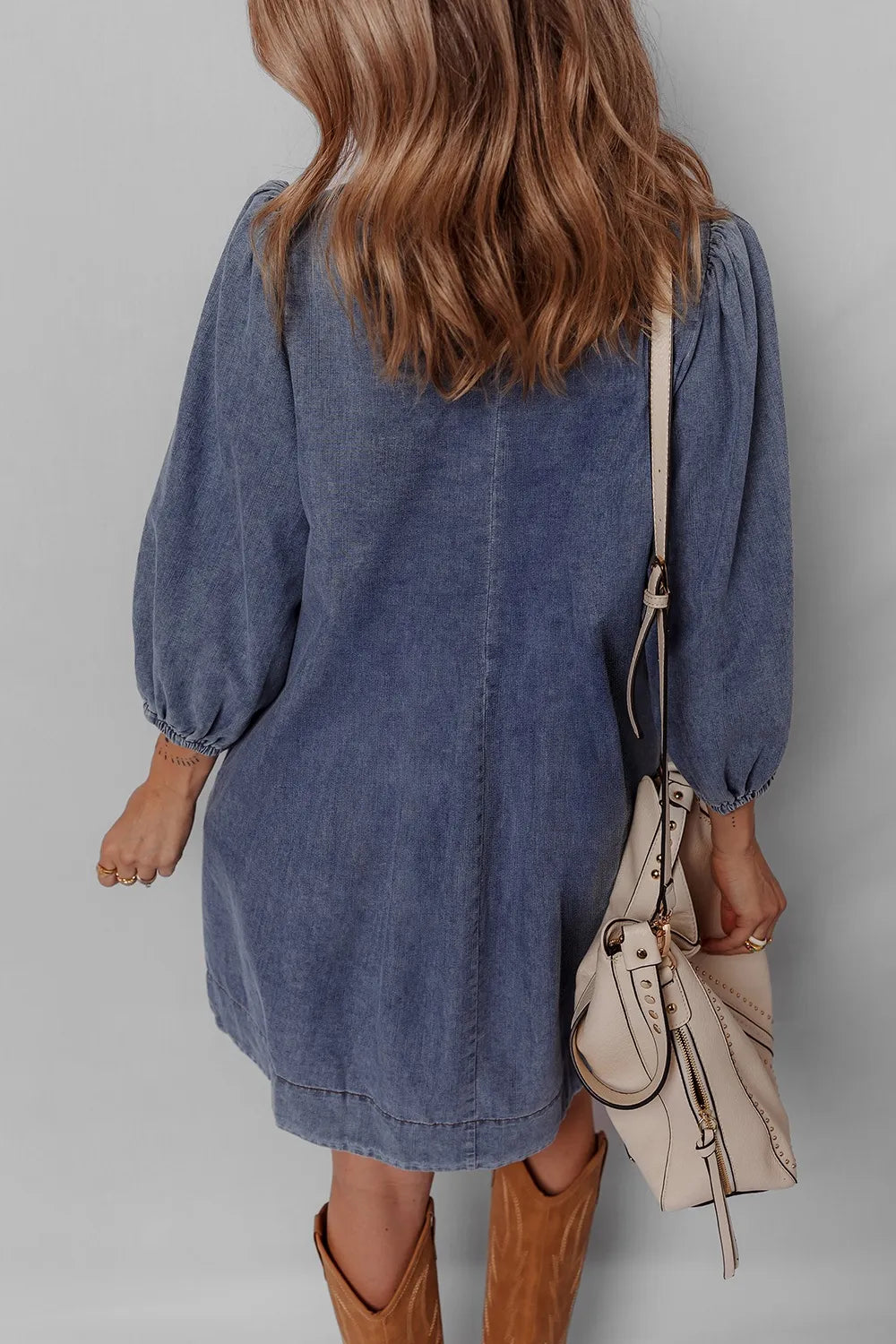 Tie Neck Long Sleeve Mini Denim Dress | Mini Dresses Daverri Fashions