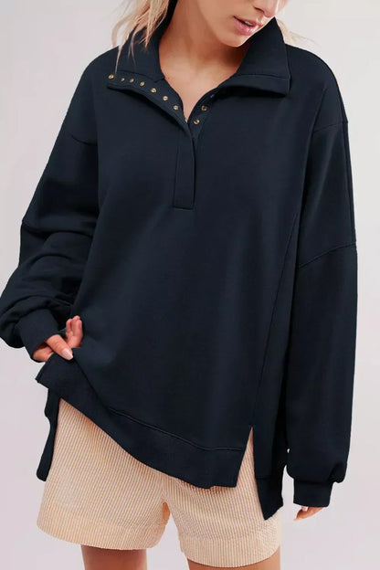 Buttoned Collared Raw Detail High Low Baggy Sweatshirt with Slits - DAVERRI FASHIONS