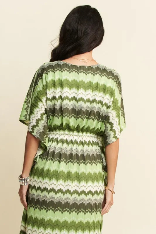 Davi & Dani Multi Color Wavy Tie Waist Flowy Sleeve Dress
