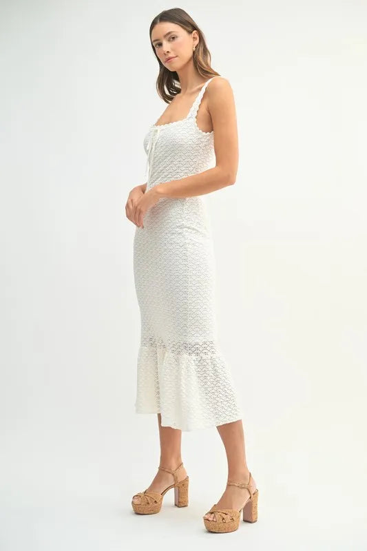 MABLE Ruffled Hem Sleeveless Crochet Knit Midi Dress