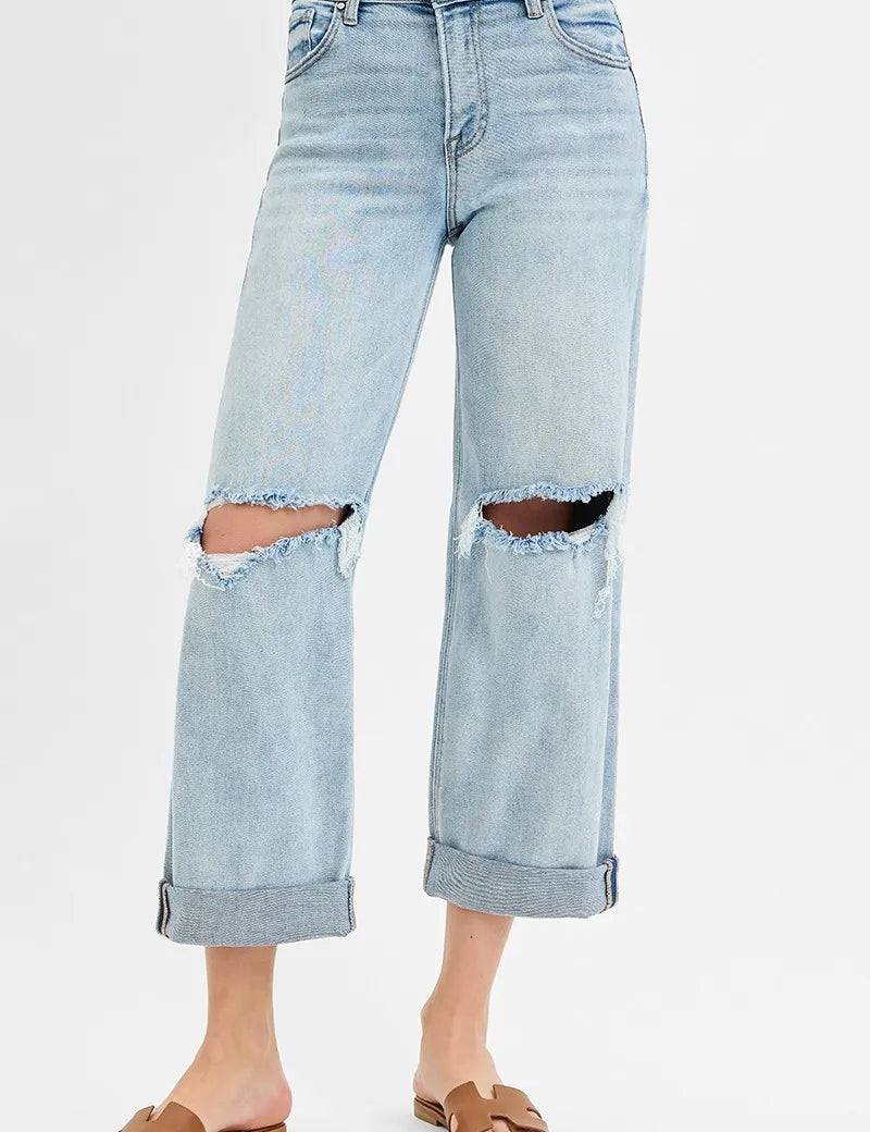 RISEN Full Size Mid Rise Fit Boyfriend Jeans with Cuff | Jeans Daverri Fashions