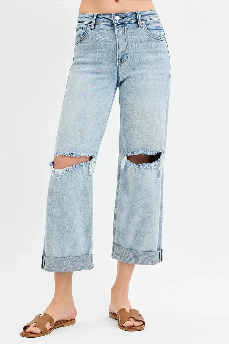 RISEN Full Size Mid Rise Fit Boyfriend Jeans with Cuff - DAVERRI FASHIONS