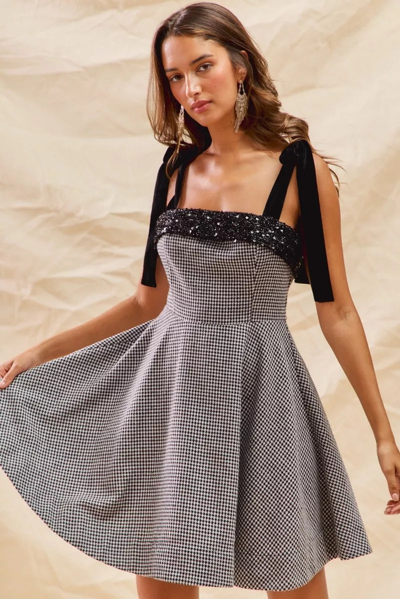 SO ME Houndstooth Fit Flare Mini Dress with Shoulder Tie | Mini Dresses Daverri Fashions