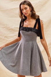 SO ME Houndstooth Fit Flare Mini Dress with Shoulder Tie | Mini Dresses Daverri Fashions