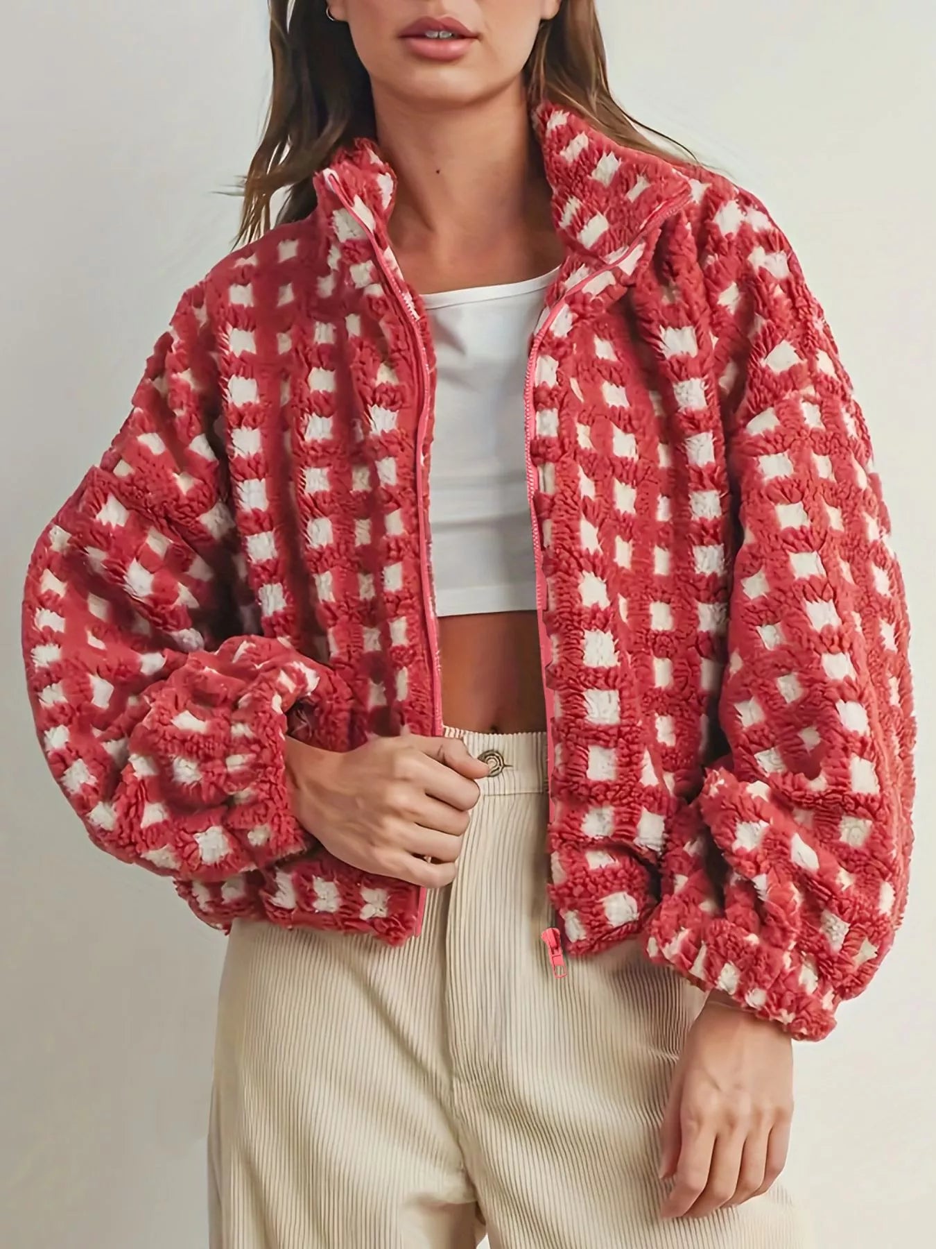 Daverri Plaid Zip Up Sherpa Jacket in cozy red and white checkered fleece