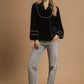Umgee Velvet Long Sleeve Blouse with Contrast Trim - DAVERRI FASHIONS
