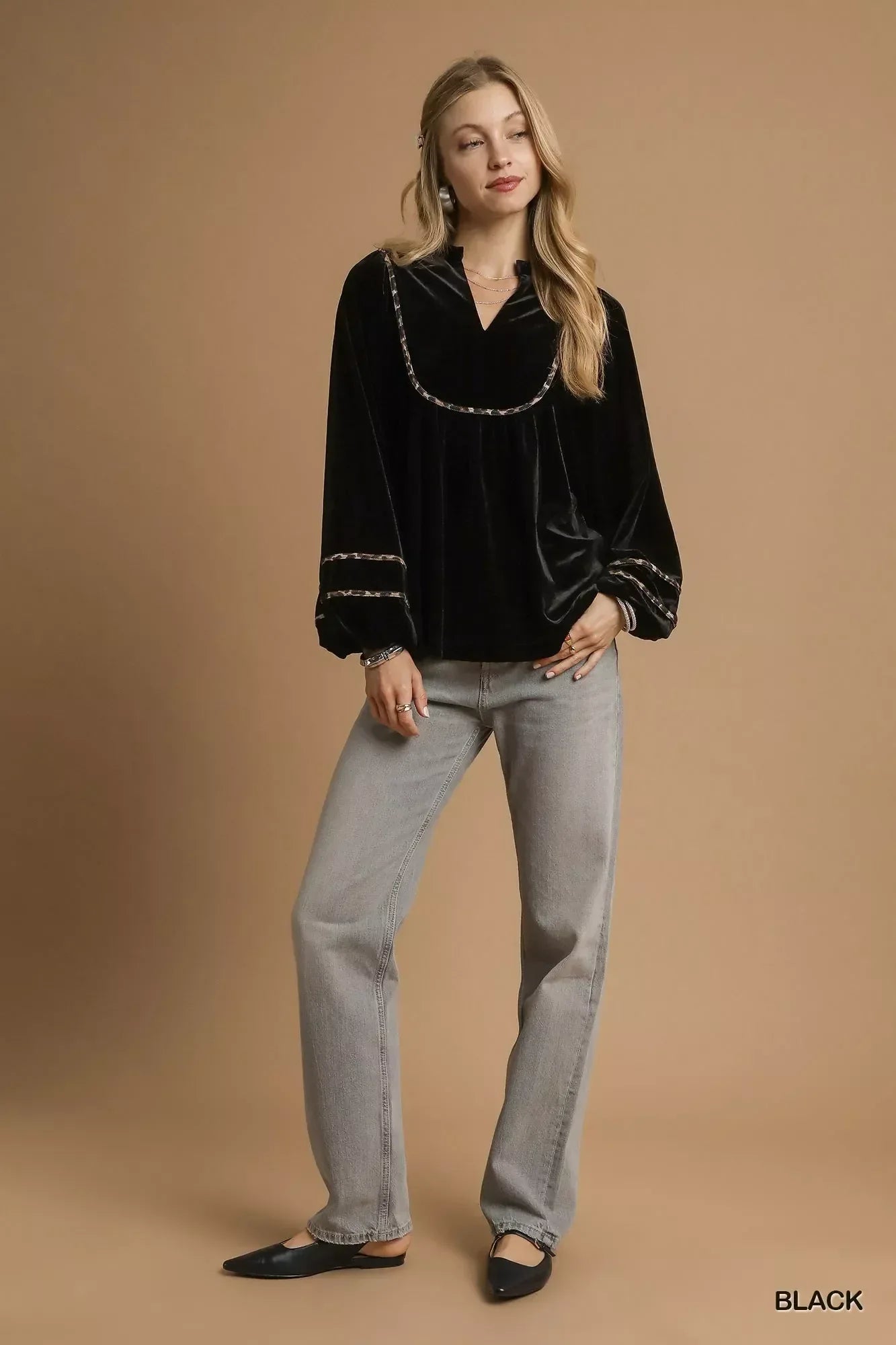 Umgee Velvet Long Sleeve Blouse with Contrast Trim - DAVERRI FASHIONS