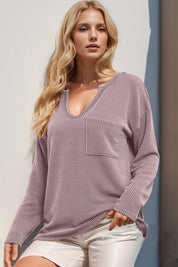 Double Take Striped Notched Long Sleeve T-Shirt | T-Shirts Daverri Fashions