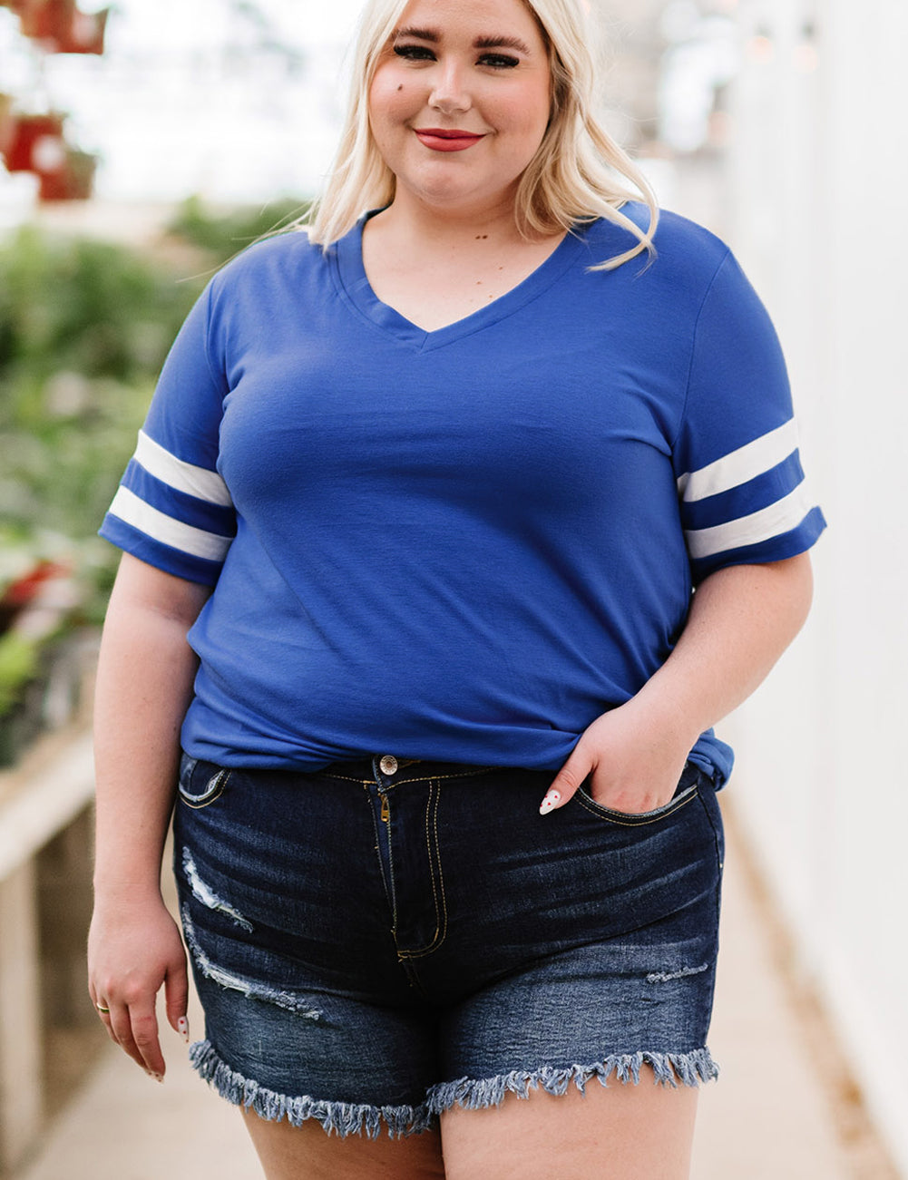 Royal Blue Plus Size Striped V-Neck Tee Shirt | T-Shirts Daverri Fashions