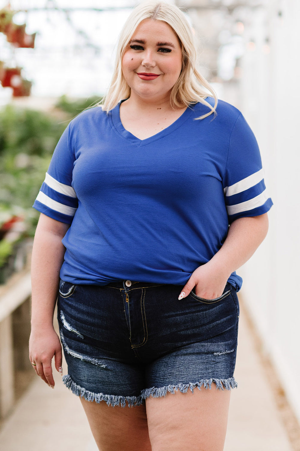 Royal Blue Plus Size Striped V-Neck Tee Shirt | T-Shirts Daverri Fashions