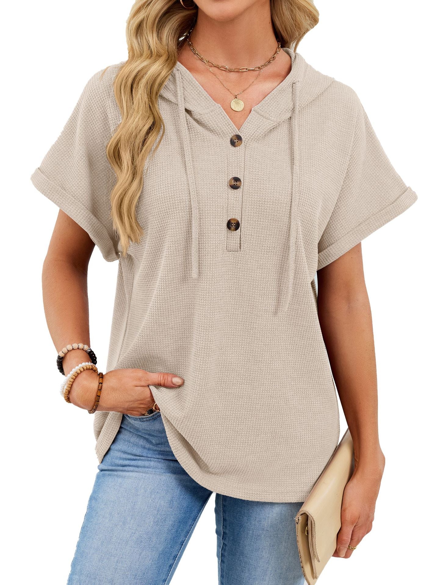 Daverri casual waffle knit button detail hooded top, beige front view