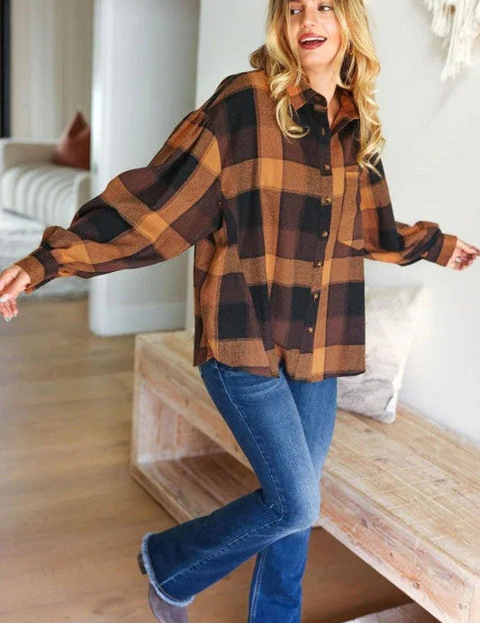 Rock'n Plaid Camel & Charcoal Button Down Oversized Shirt | Daverri Fashions