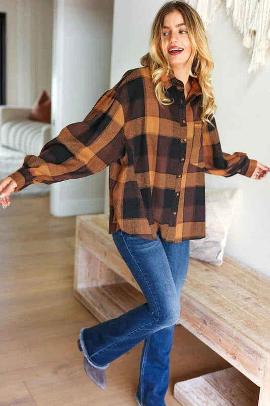 Rock'n Plaid Camel & Charcoal Button Down Oversized Shirt | Daverri Fashions