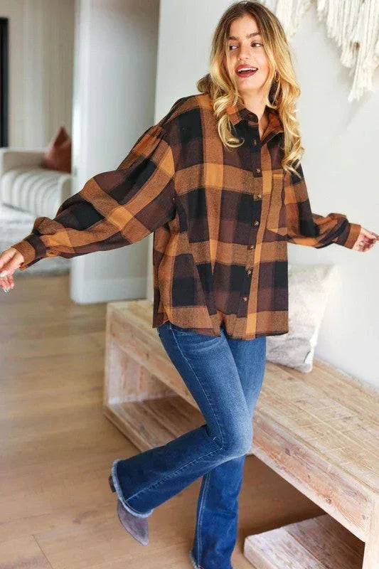 Rock'n Plaid Camel & Charcoal Button Down Oversized Shirt - DAVERRI FASHIONS