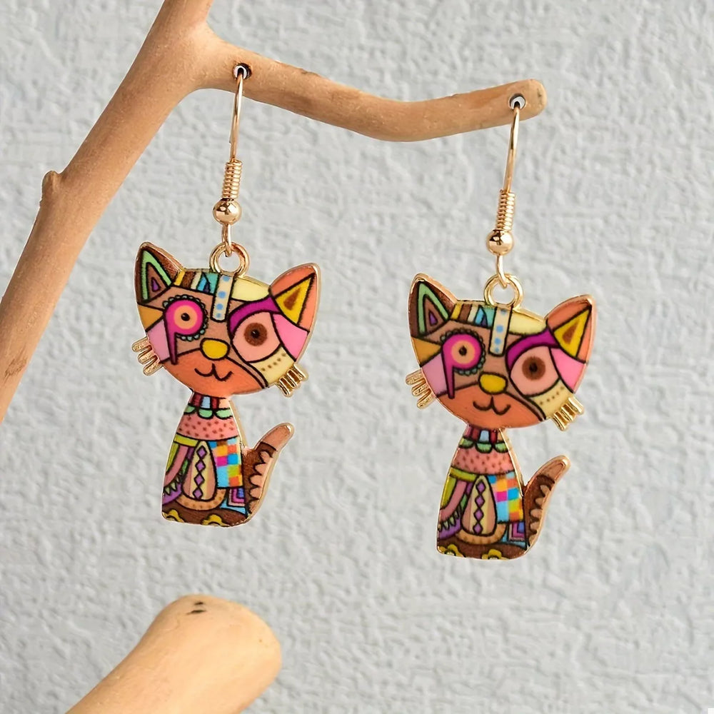 Brown onesize Colorful Cat Dangle Earrings | Earrings Daverri Fashions