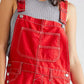 Daverri wide strap square neck denim shortalls in red with white stitching and silver buttons