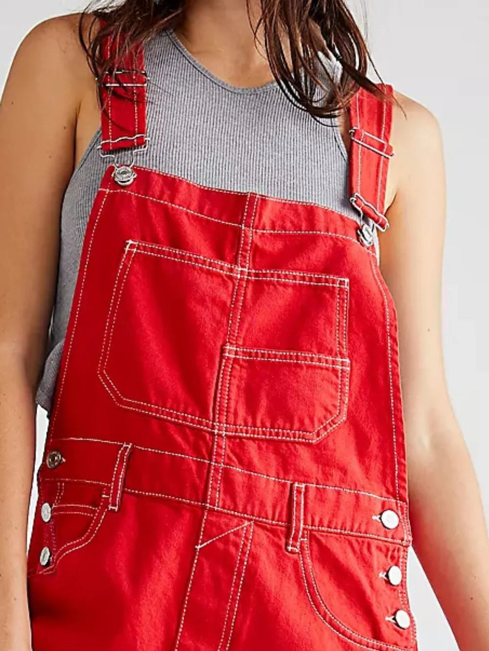 Daverri wide strap square neck denim shortalls in red with white stitching and silver buttons