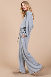 Ces Femme Boat Neck Long Sleeve Drawstring Jumpsuit