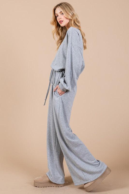 Ces Femme Boat Neck Long Sleeve Drawstring Jumpsuit Jumpsuits