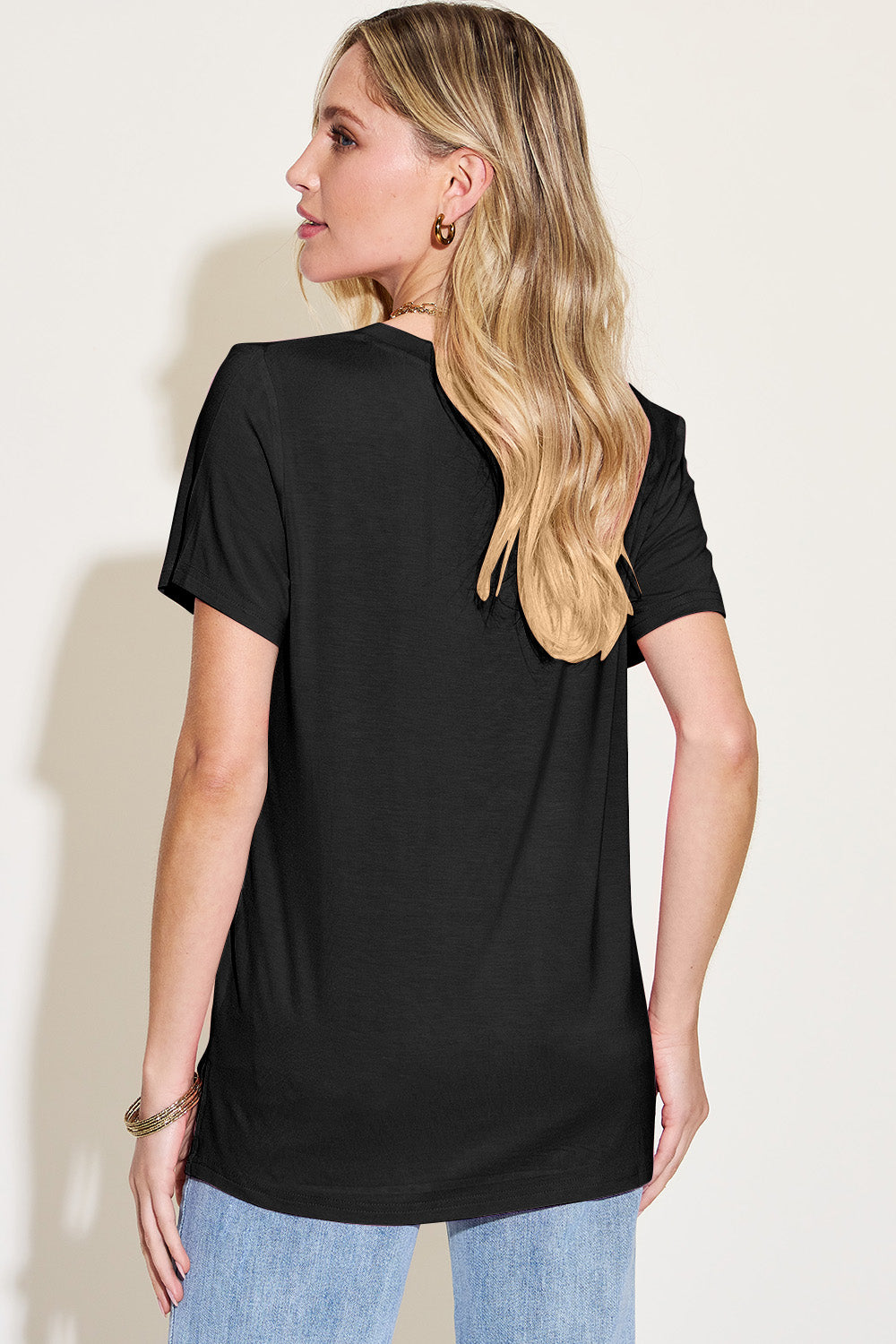 Bamboo Full Size V-Neck High-Low T-Shirt Tops