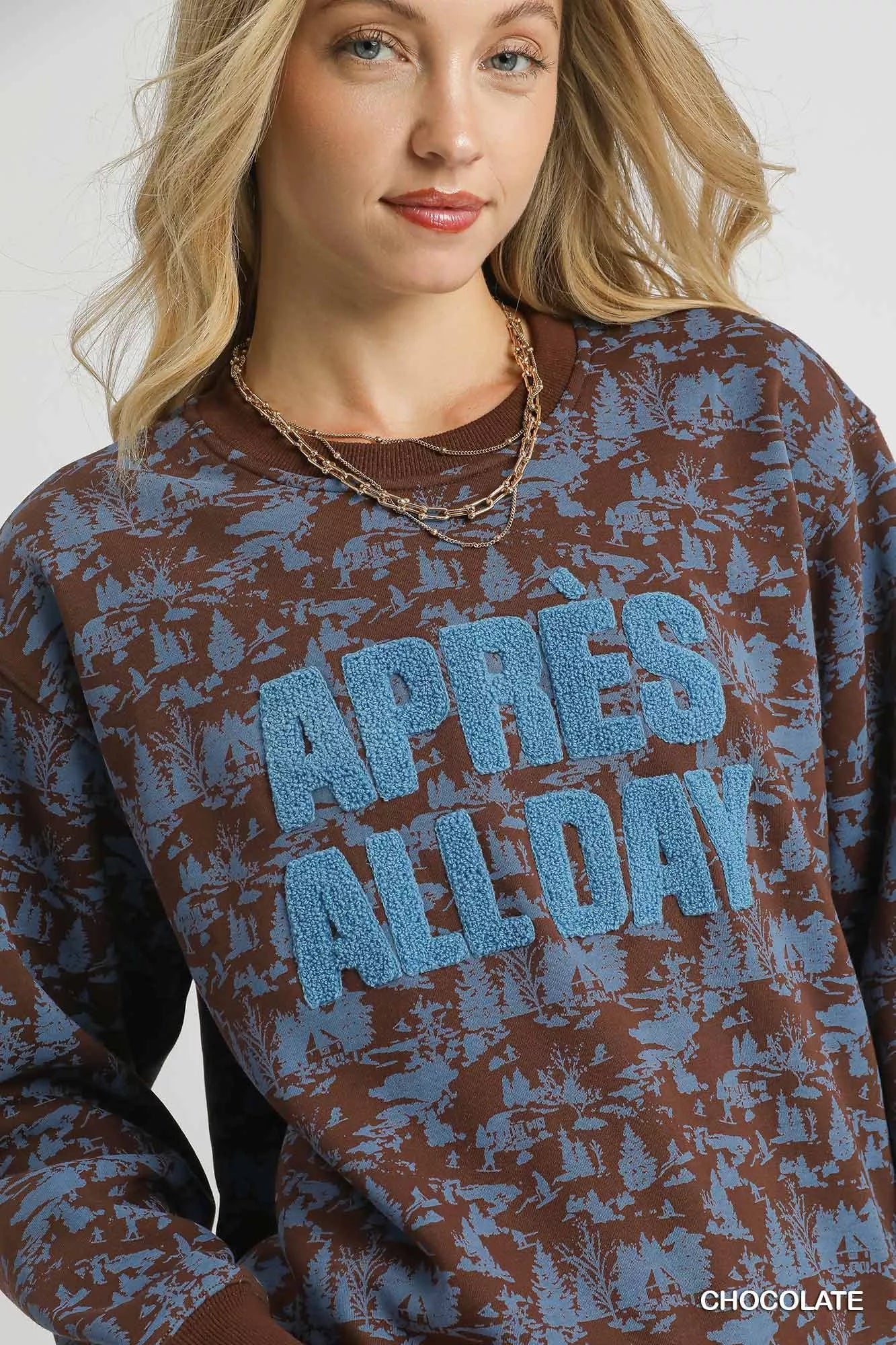 Umgee Scenic Print Cropped Sweatshirt Chocolate | Sweatshirts Daverri Fashions