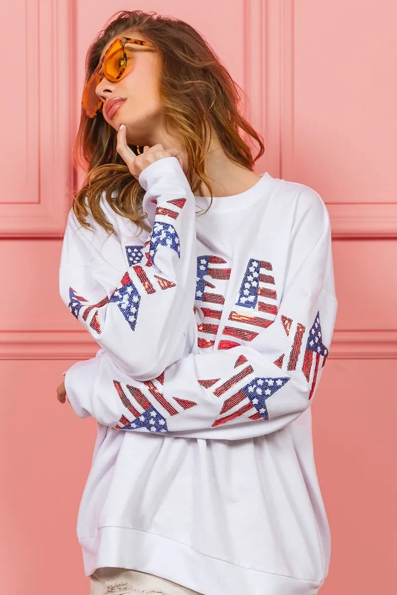 BiBi American Flag USA and Star Sequin Sweatshirt Sweatshirts